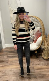 NEUTRAL AND WINE STRIPE SWEATER TOP