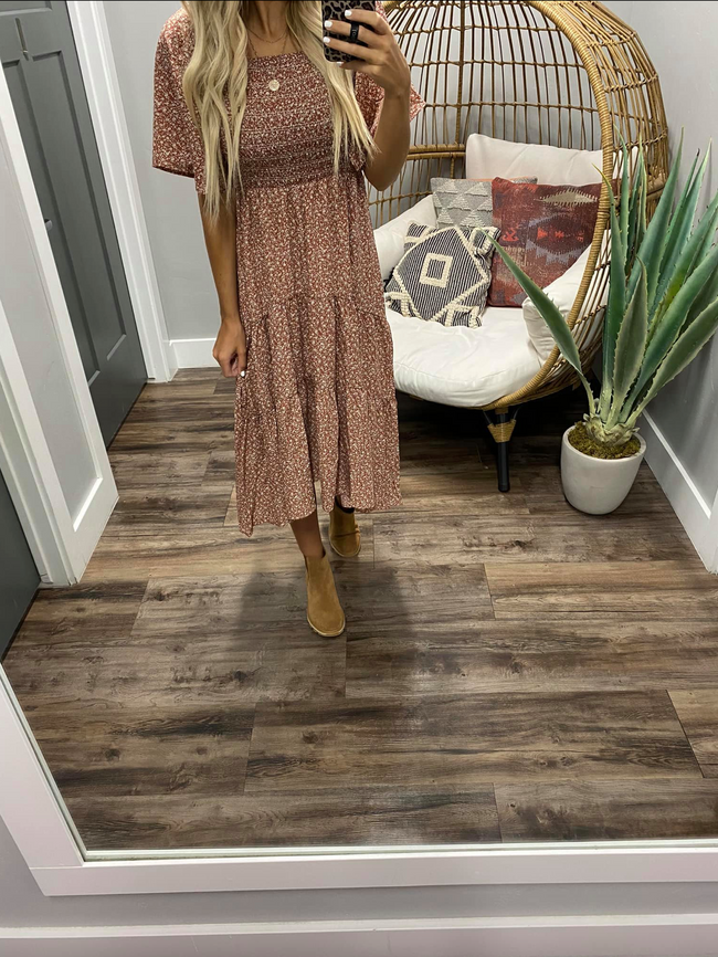MARSALA FLORAL SMOCKED FLUTTER SLEEVE DRESS