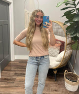 MOCK NECK BLUSH RIBBED TOP