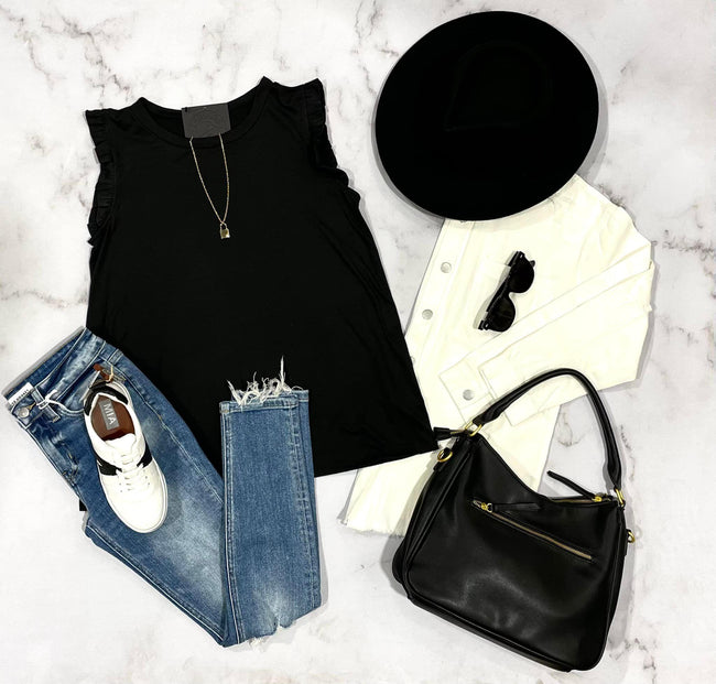 BLACK RUFFLE SLEEVE TOP