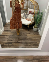 RUST FLORAL SMOCKED V NECK DRESS