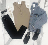 TAUPE RUFFLE ZIPPER TANK