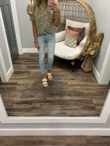BLUE AND YELLOW SMOCKED SLEEVE BLOUSE