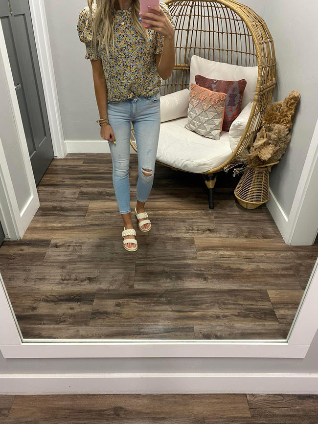 BLUE AND YELLOW SMOCKED SLEEVE BLOUSE