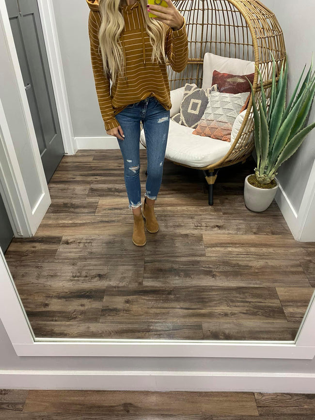 MUSTARD STRIPE HOODED TOP