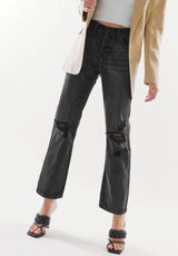 NOAH HIGH RISE WASHED BLACK DISTRESSED BUTTON FLY STRAIGHT LEG
