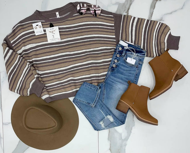 MULTI STRIPE GREY IVORY TAUPE KNIT SWEATER TOP