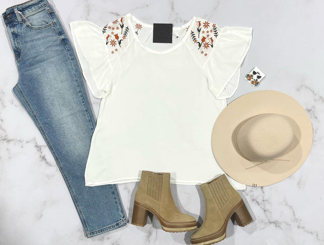 WHITE EMBROIDERED SLEEVE BLOUSE TOP