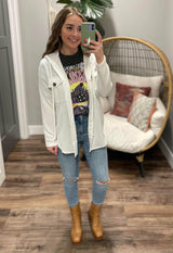 WHITE RIBBED BUTTON UP HOODED SHACKET TOP