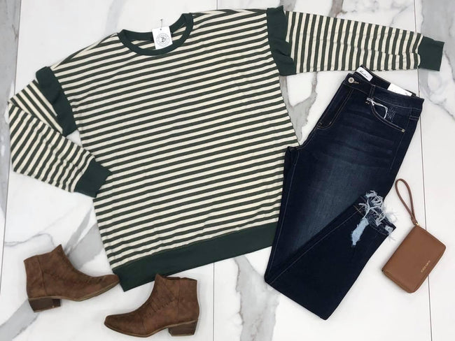 PLUS OLIVE STRIPE RUFFLE SLEEVE TOP