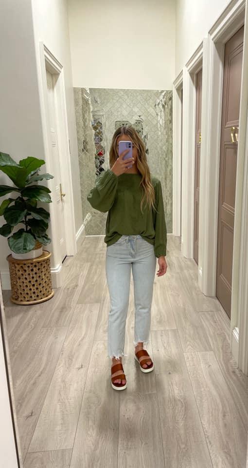 OLIVE SWISS DOT LONG SLEEVE BLOUSE