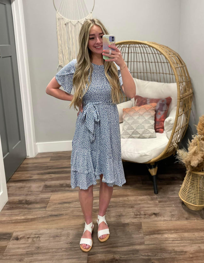 BLUE DOTTED BELTED DRESS