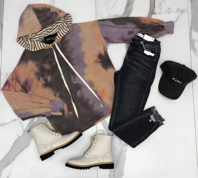 MAUVE TIE DYE OATMEAL STRIPE HOODED TOP