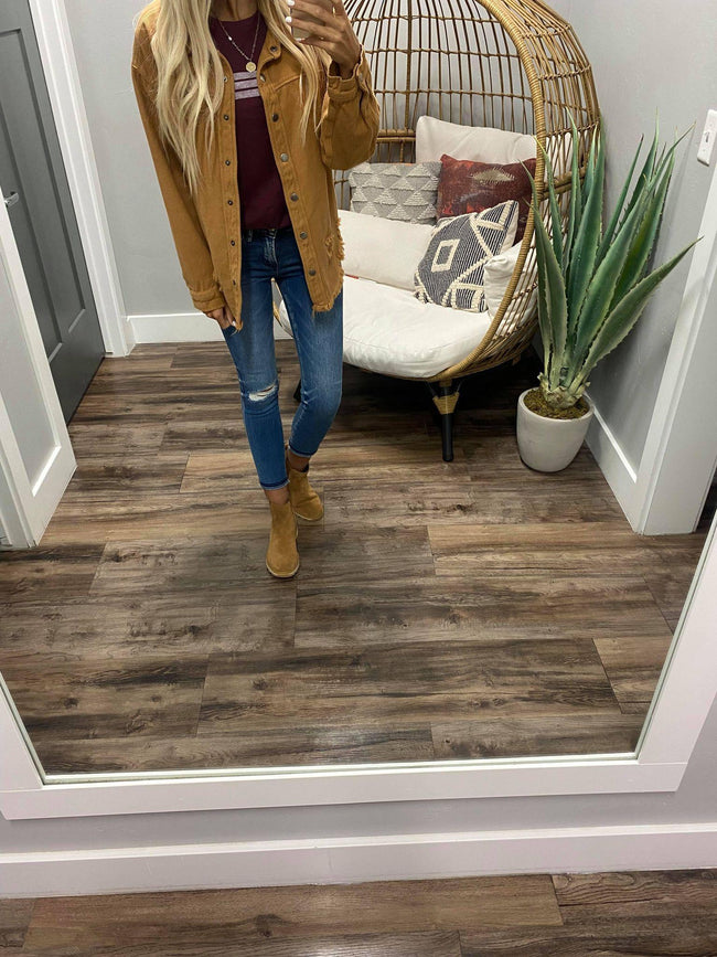 CAMEL DISTRESSED STRETCHY DENIM SHACKET