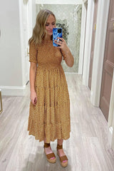 CAMEL DITSY FLORAL SMOCKED DRESS