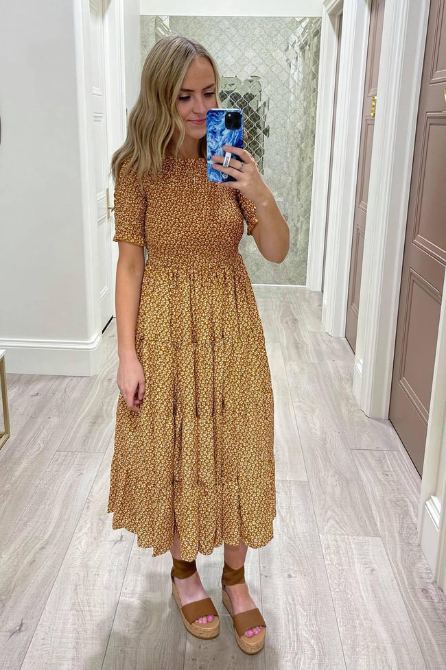 CAMEL DITSY FLORAL SMOCKED DRESS