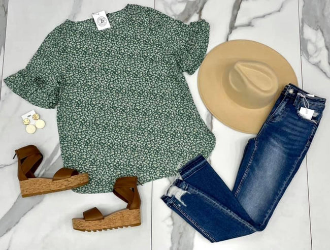 TEAL FLORAL RUFFLE SLEEVE BLOUSE