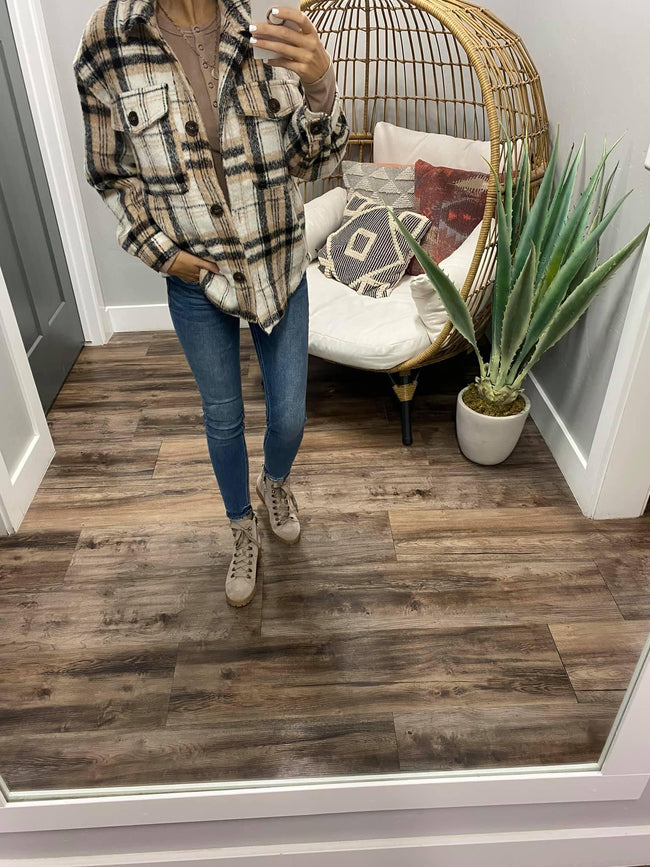 IVORY BLACK AND TAUPE PLAID SHACKET