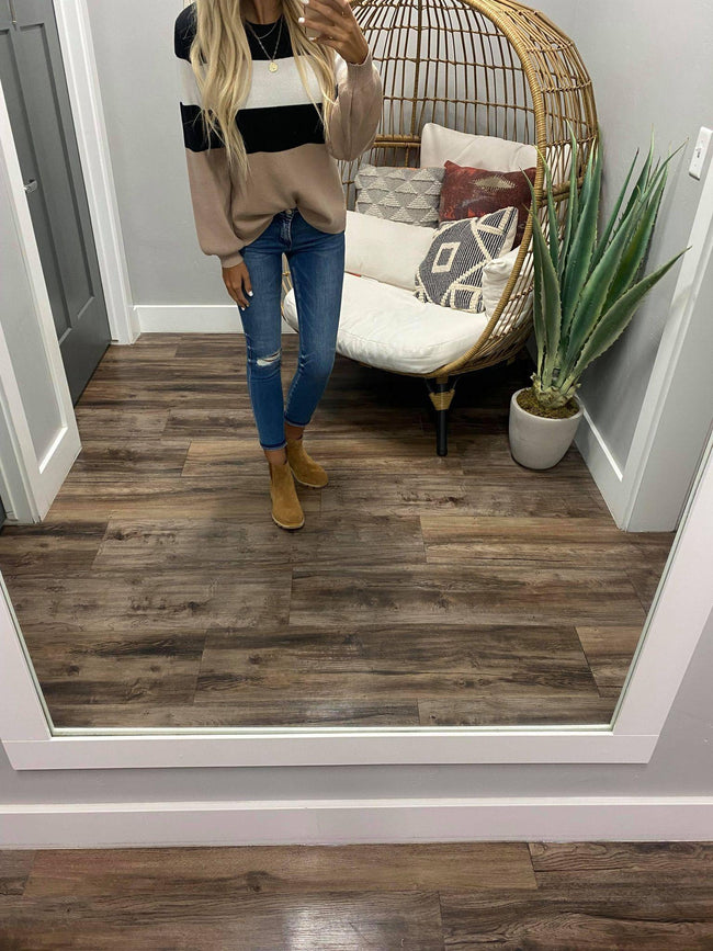 BLACK IVORY AND MOCHA COLORBLOCK SWEATER TOP