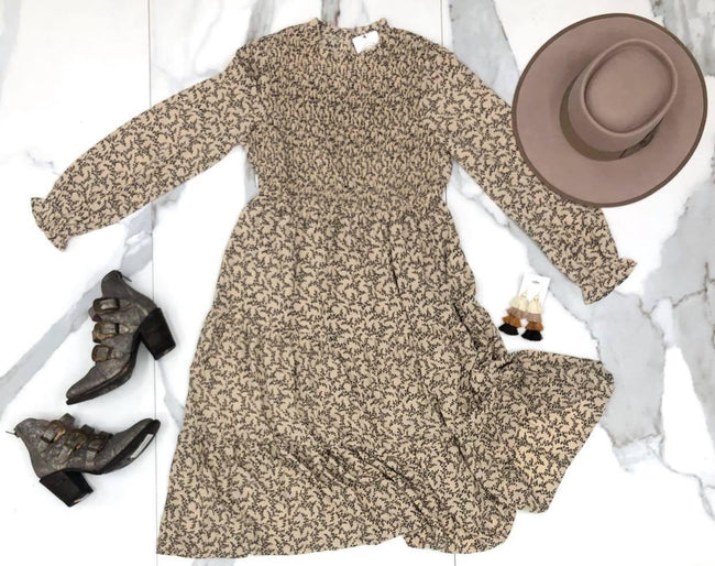 TAUPE FLORAL DETAIL SMOCK DRESS