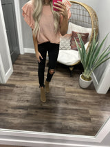 PRETTY IN PEACH RIBBED RUFFLE BLOUSE