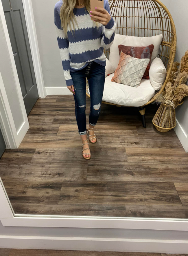 BLUE AND WHITE DISTRESSED STRIPE SWEATER
