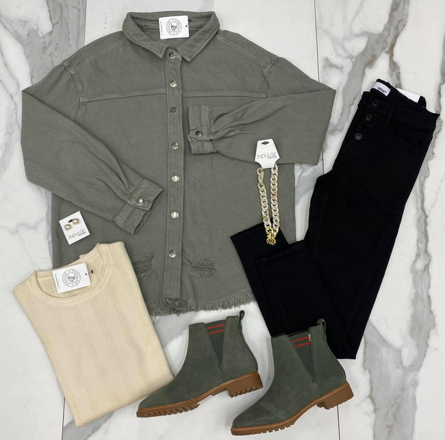 OLIVE DISTRESSED DENIM SHACKET