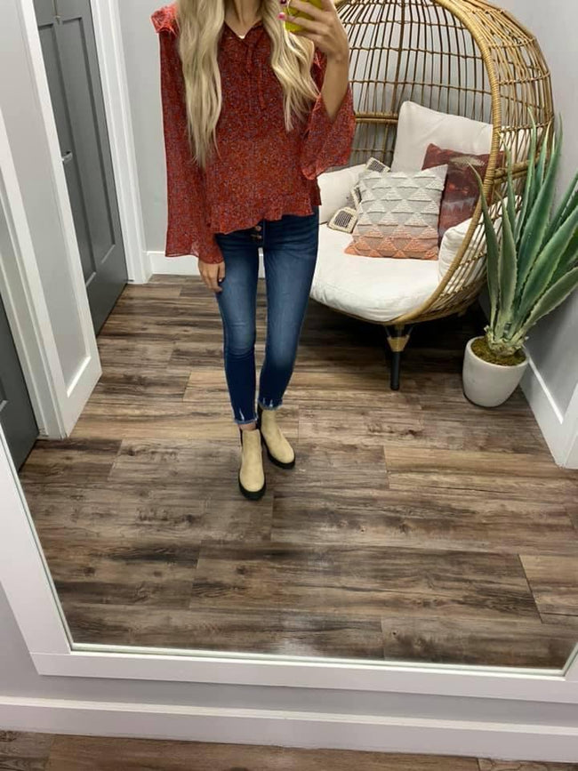 BRICK RED DOTTED RUFFLE BLOUSE
