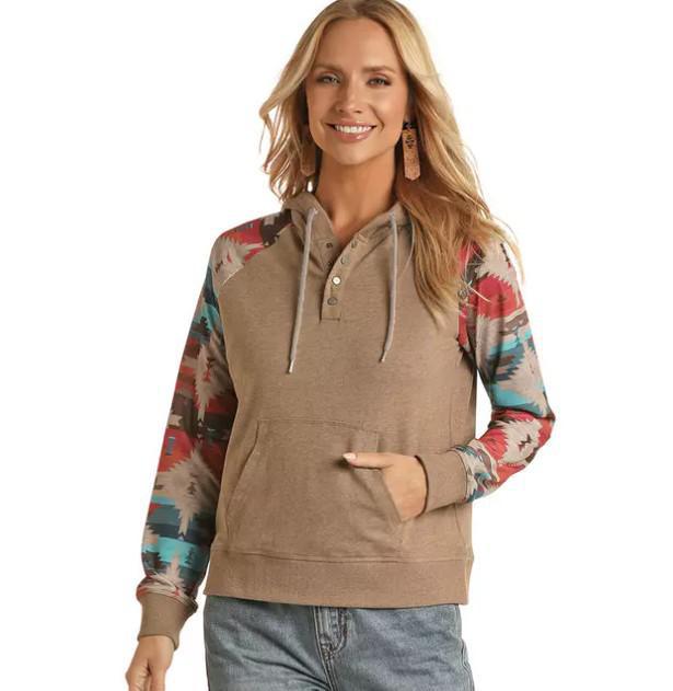 MOCHA ROCK AND ROLL AZTEC SNAP HOODIE