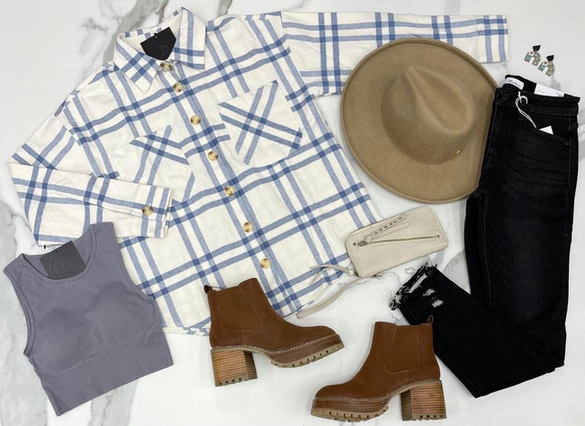 DUSTY BLUE AND IVORY PLAID SHACKET