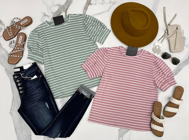 MAUVE STRIPE PUFF SLEEVE TOP