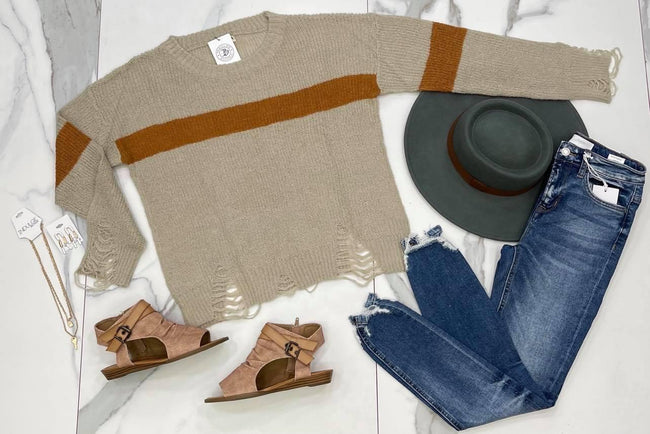 TAUPE AND CAMEL DISTRESSED SWEATER TOP
