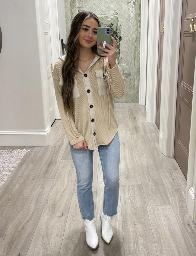 SAND RIBBED BUTTON UP HOODED SHACKET TOP