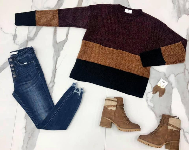 WINE MUSTARD COLORBLOCK SWEATER