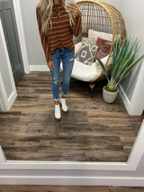 RUST STRIPE BUTTON HENLEY TOP