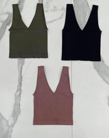 OLIVE RIBBED V NECK TANK