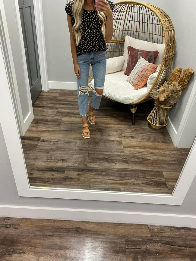 BLACK AND TAUPE DOTTED FLUTTER BLOUSE
