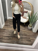 SHE'S A TEN WHITE RIBBED HENLEY SHORT SLEEVE TOP