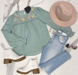 SEAFOAM FLORAL EMBROIDERED LONG SLEEVE BLOUSE