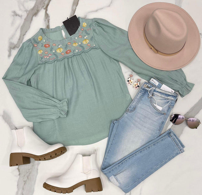 SEAFOAM FLORAL EMBROIDERED LONG SLEEVE BLOUSE
