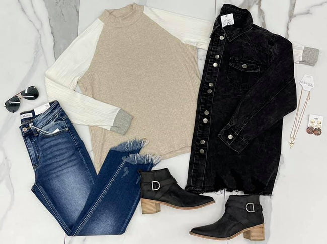 OATMEAL AND WHITE COLORBLOCK RIBBED LONG SLEEVE