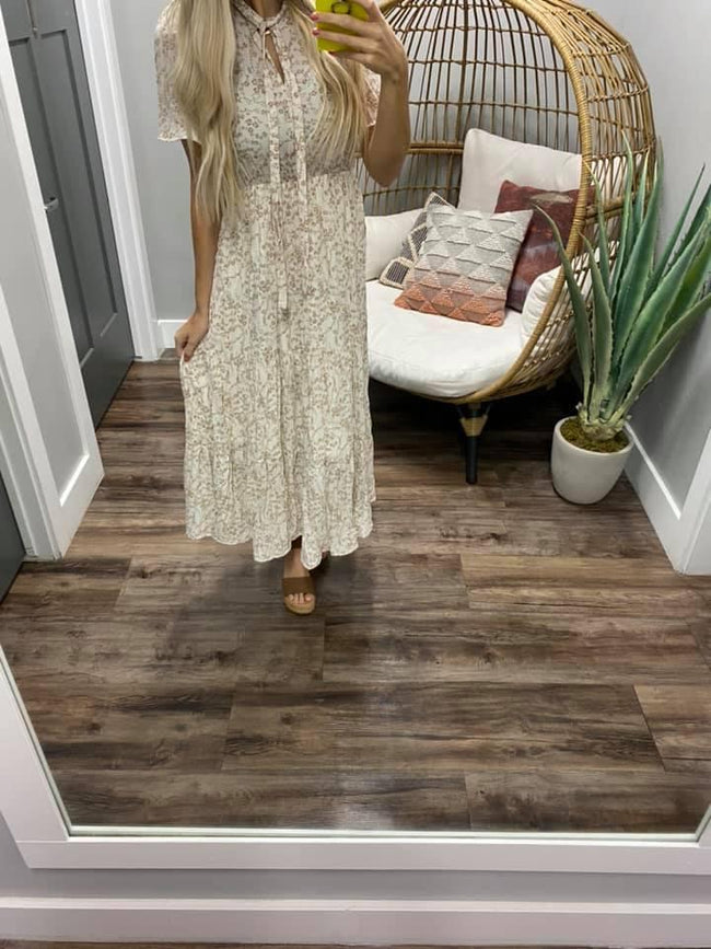 CREAM FLORAL TIE NECK LAYERED DRESS
