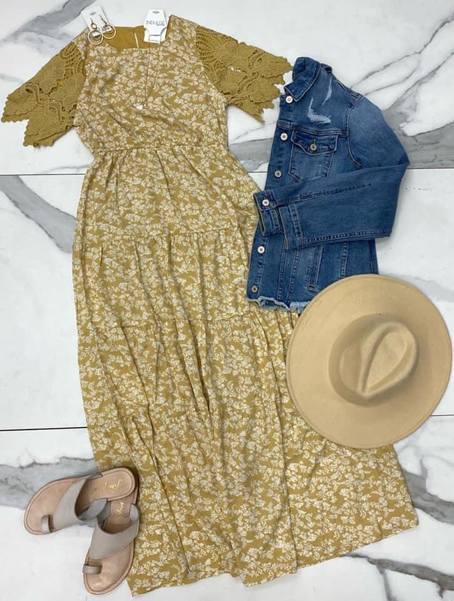 MUSTARD LACE SLEEVE MAXI DRESS