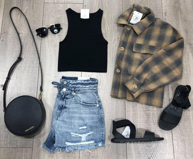 BROWN AND GREY PLAID SHACKET