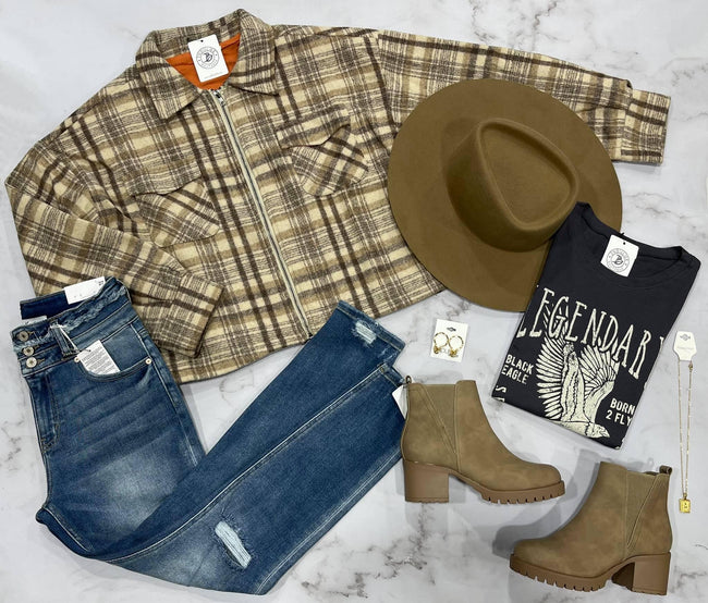 NATURAL PLAID ZIP FRONT JACKET