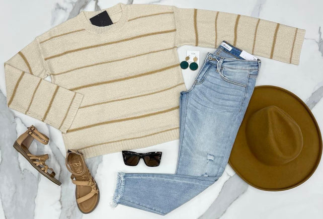 BEIGE AND CAMEL STRIPE SWEATER TOP