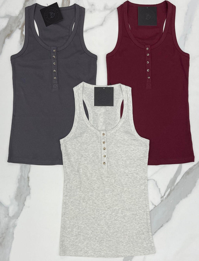 HEATHERED OATMEAL RIBBED BUTTON FRONT TANK