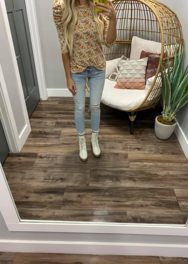 IVORY AND CORAL PUFF SLEEVE FLORAL TOP
