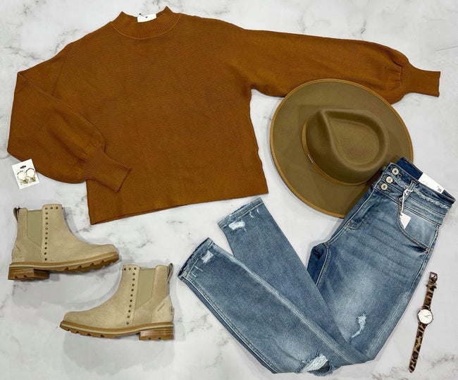 CAMEL RIBBED SWEATER TOP