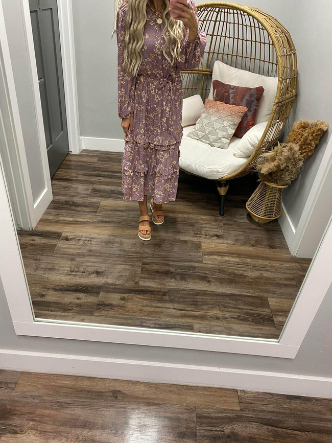 DUSTY PLUM FLORAL LONG SLEEVE DRESS